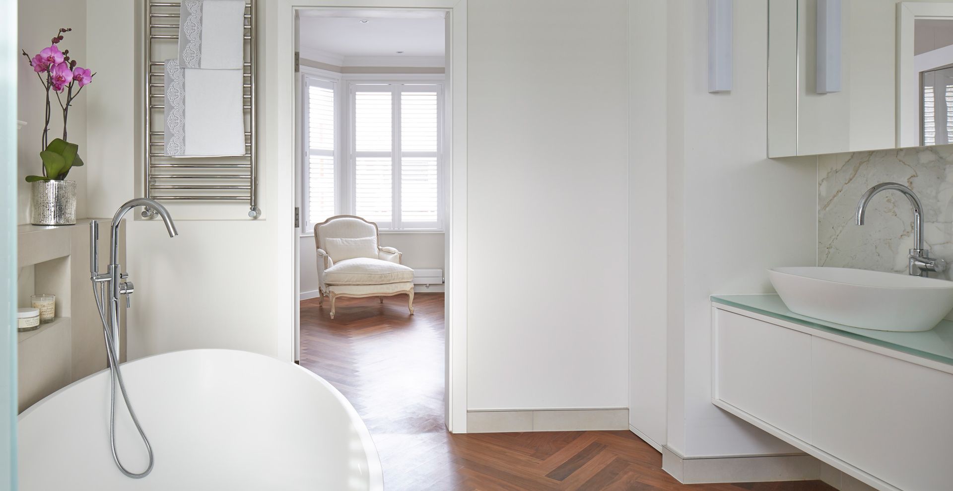 Clean white en suite bathroom