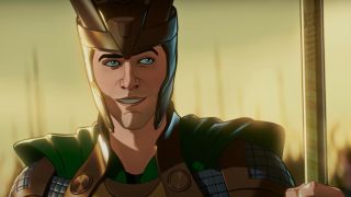 Loki stands smiling while holding a spear in Marvel's What If.
