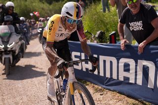 Ineos Grenadiers' Colombian rider Egan Bernal rides on a gravel section during the 9th stage of the 108th Giro d'Italia cycling race in Colle Pinzuto near Siena, on May 18, 2025. (Photo by Marco Alpozzi / POOL / AFP)