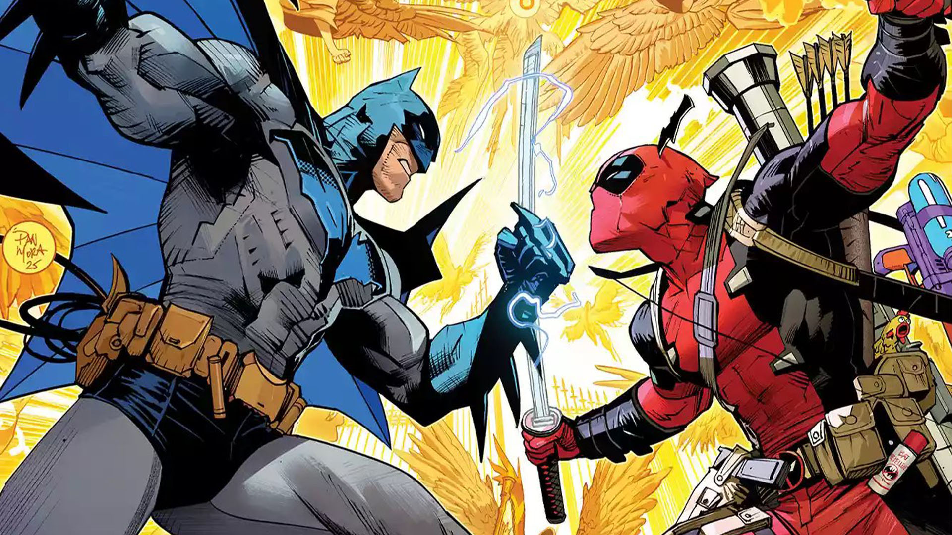 Marvel and DC&#039;s Batman x Deadpool crossover comic art 