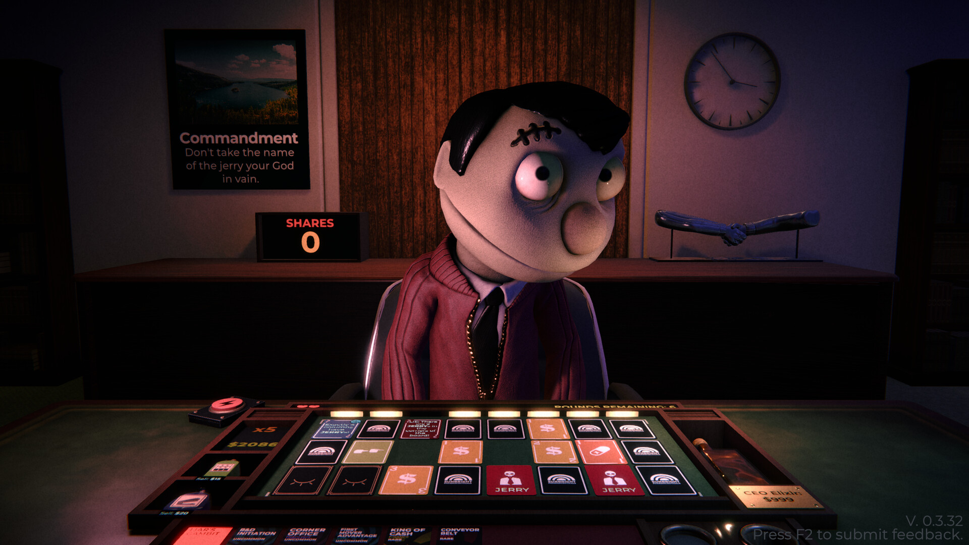 A puppet-like figure sits before cards arranged on a table before you in roguelike deckbuilding game, Mr Magpie's Harmless Card Game