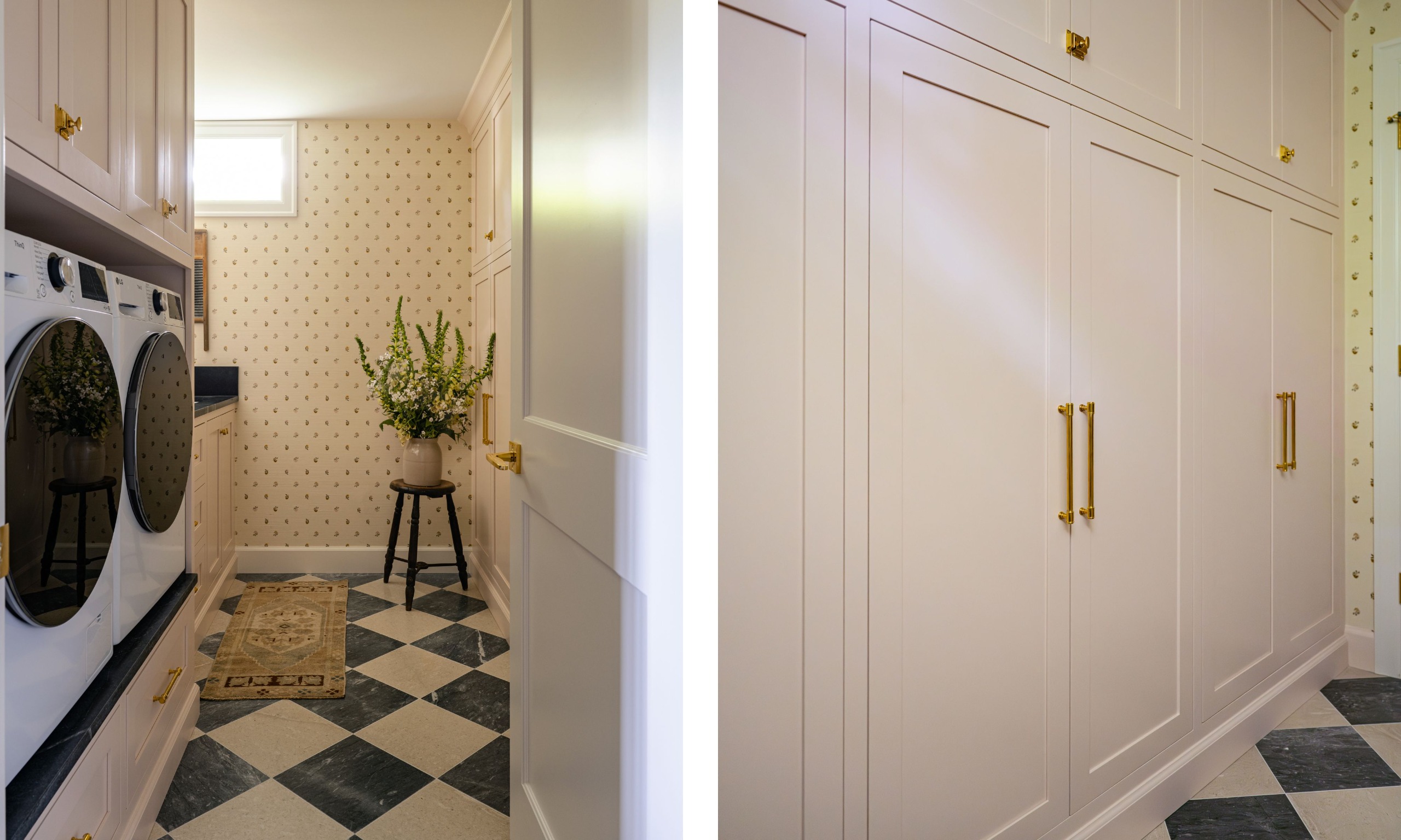 Two images of a laundry room with pale pink cabinetry, black-and-white checkered flooring, small-scale wallpaper on the far wall, built-in appliances, and brass hardware.