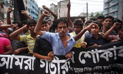 Workers at a garment factory protest