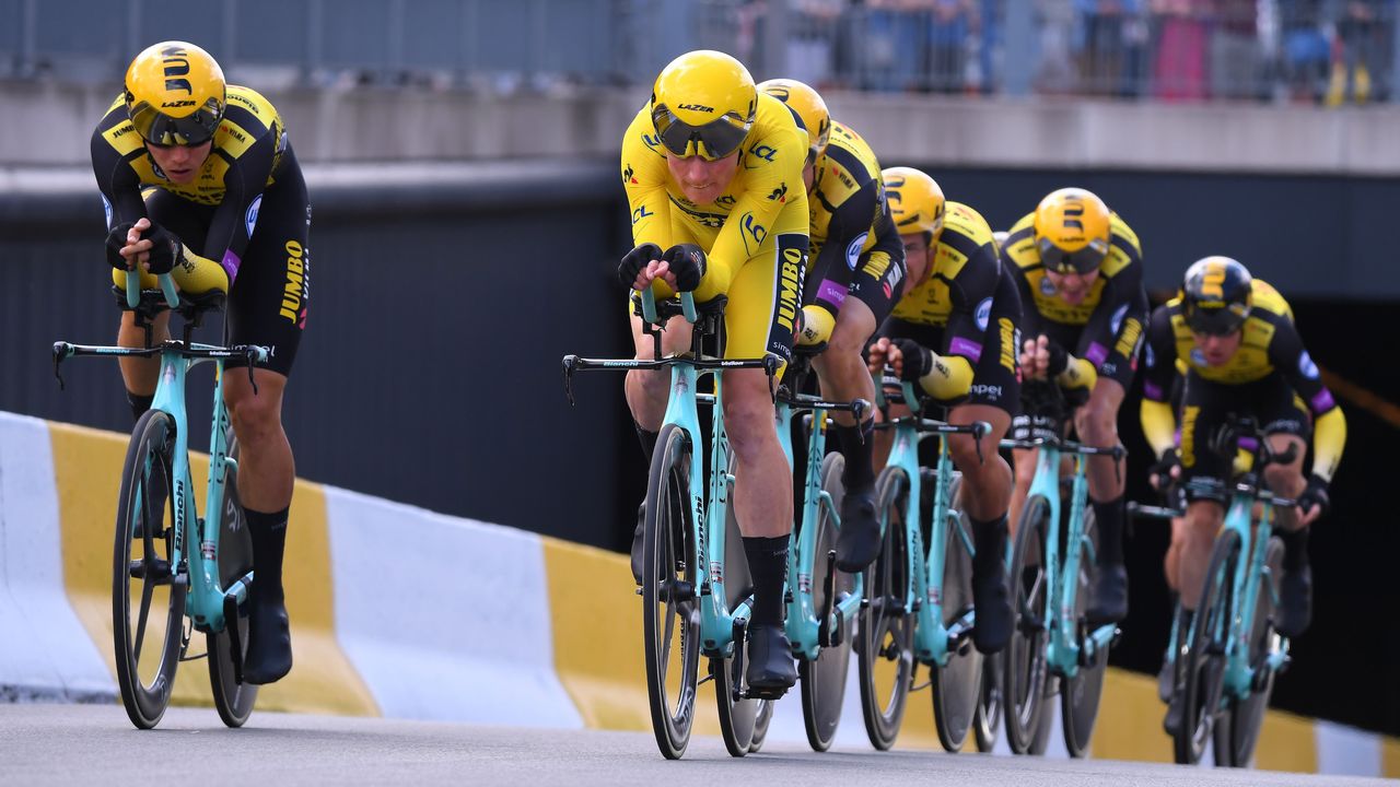 Jumbo-Visma on their way to team time trial victory on stage 2 of the 2019 Tour de France