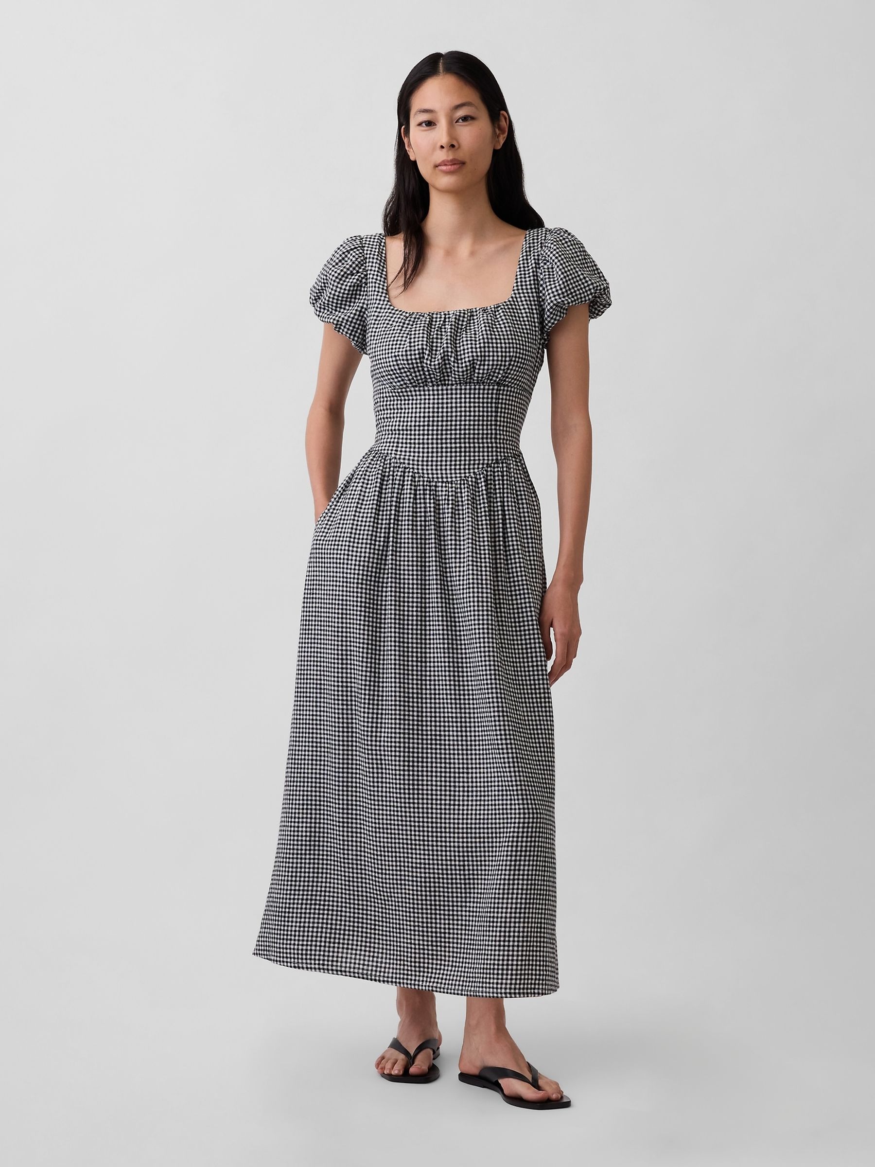 Black Check Linen Blend Puff Sleeve Drop-Waist Maxi Dress