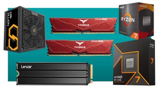 A selection of PC components artfully arranged on a teal deals background