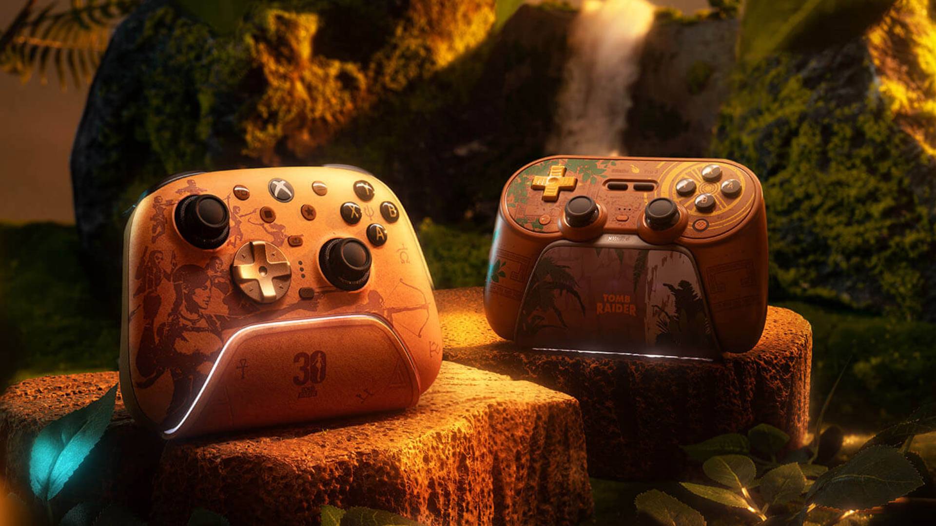 Photo of the Photo of the 8BitDo Ultimate 3 and Pro 3 Tomb Raider controllers.