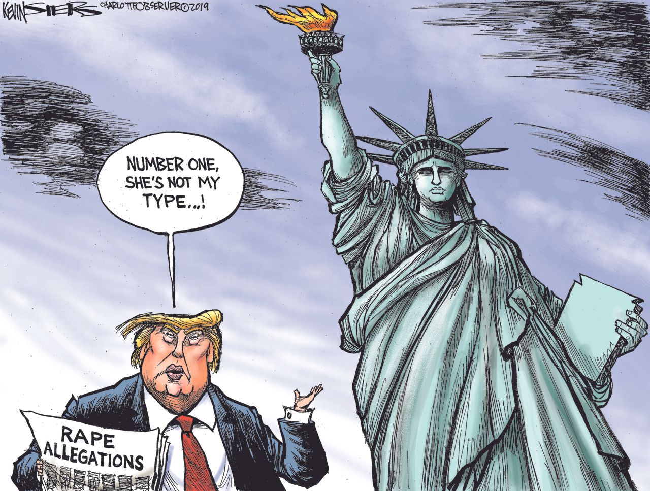 Political Cartoon U.S. E Jean Carroll Trump Sexual Assault Statue of Liberty