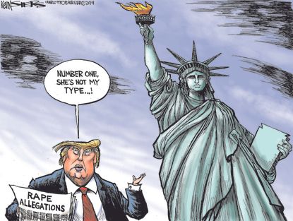 Political Cartoon U.S. E Jean Carroll Trump Sexual Assault Statue of Liberty