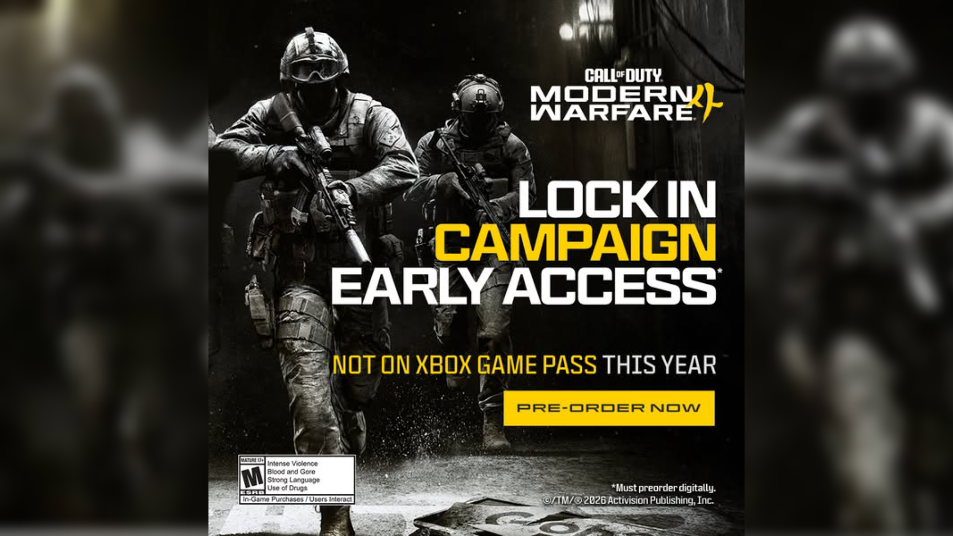 Call of Duty: Modern Warfare 4 promotional image advertising campaign early access for digital pre-orders with a message confirming the game is not on Xbox Game Pass this year.