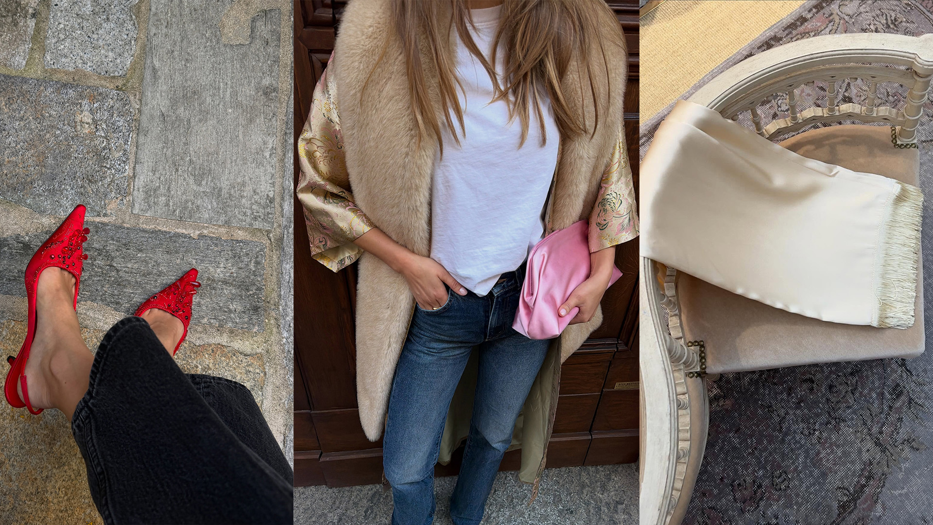 Collage of trendy satin clothing items and accessories.