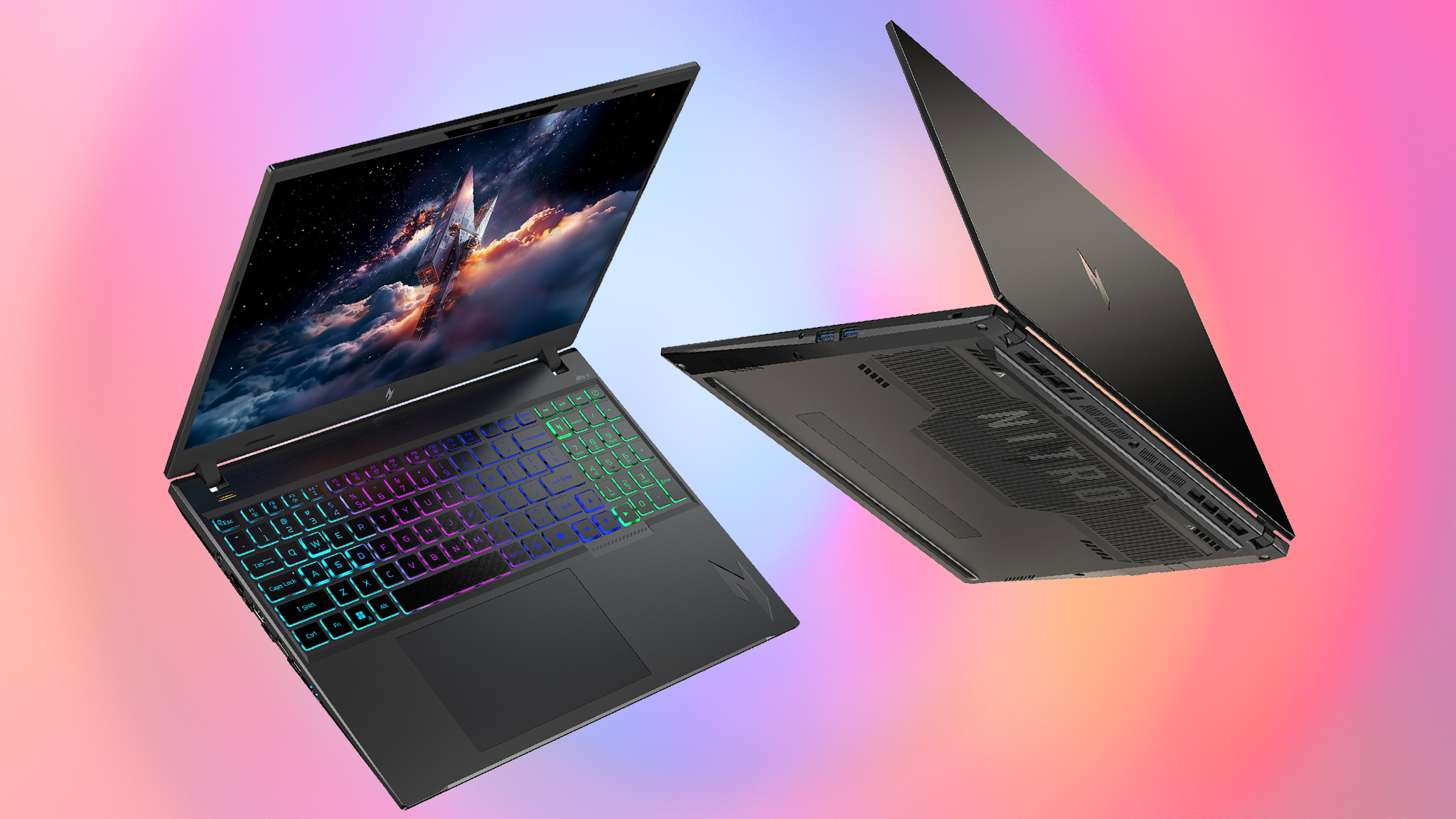 Two Acer Nitro V 16 AI gaming laptops, one with keyboard visible, the other showing the Nitro branding on the underside.