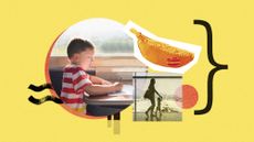 Photo collage of a small boy drawing on a train, a mother and a daughter walking hand in hand through an airport, and a My First Bananagrams product shot.