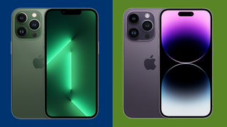 iPhone 13 Pro in green and iPhone 14 Pro in Purple