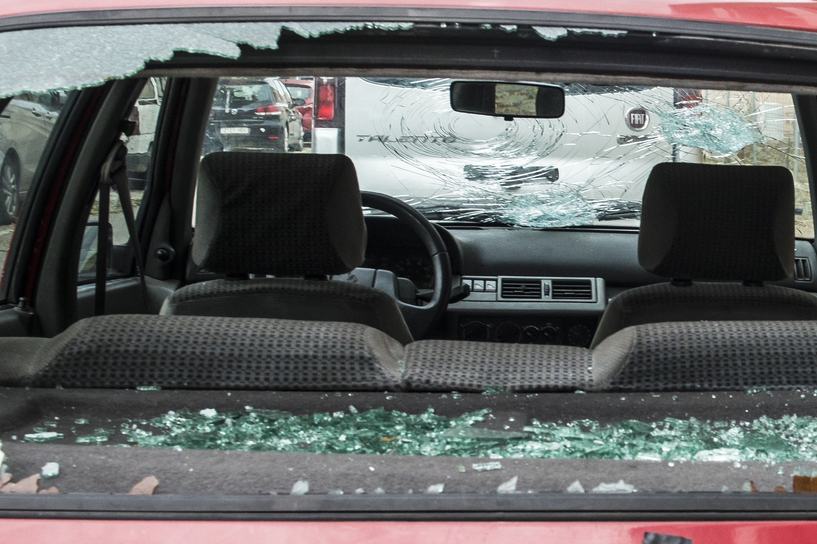 The window of a broken vehicle, as a consequence of the hail storm, on 31 August, 2022 in La Bisbal d'Emporda, Girona, Catalonia, Spain.