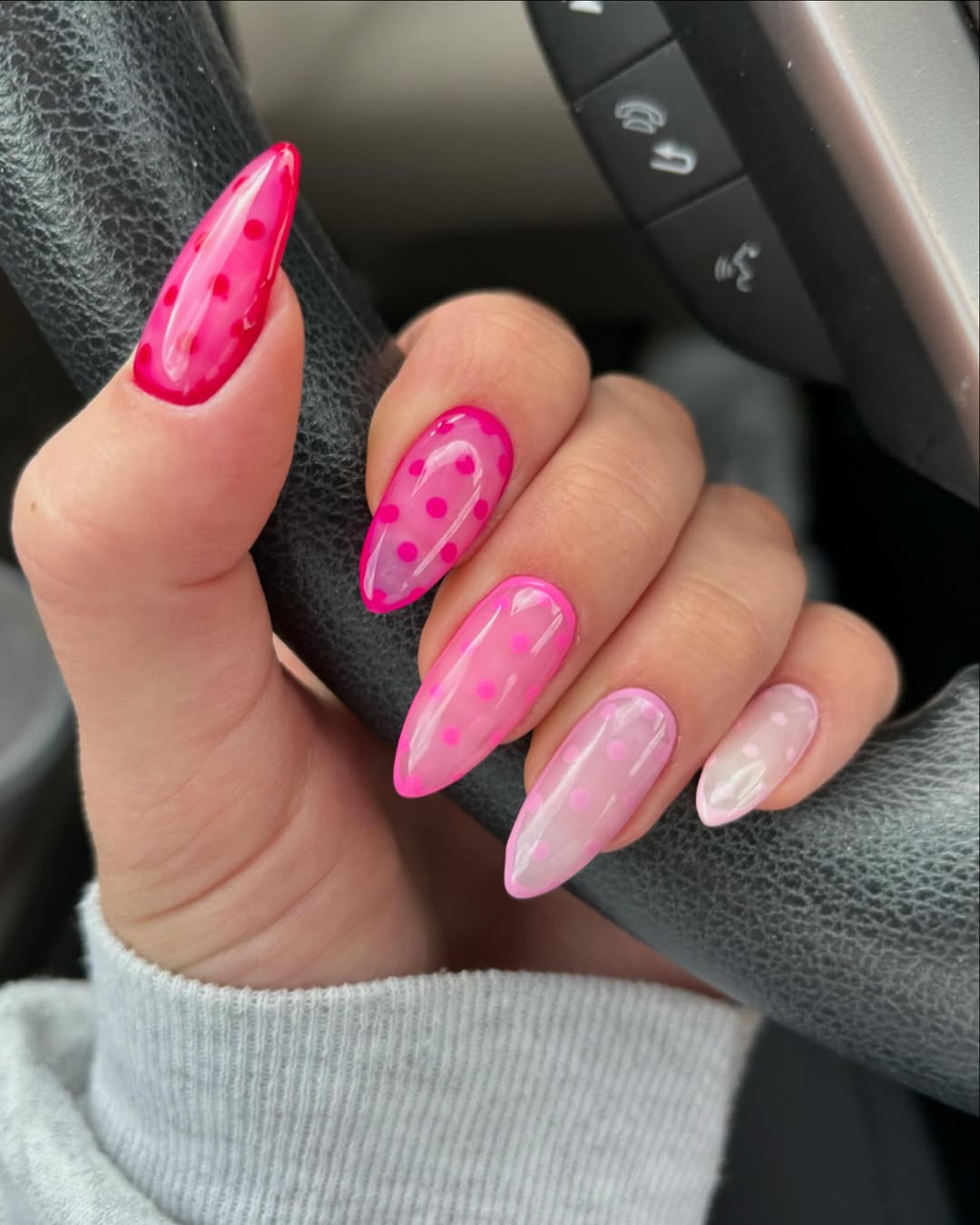 pink gradient nails with pink polka dots