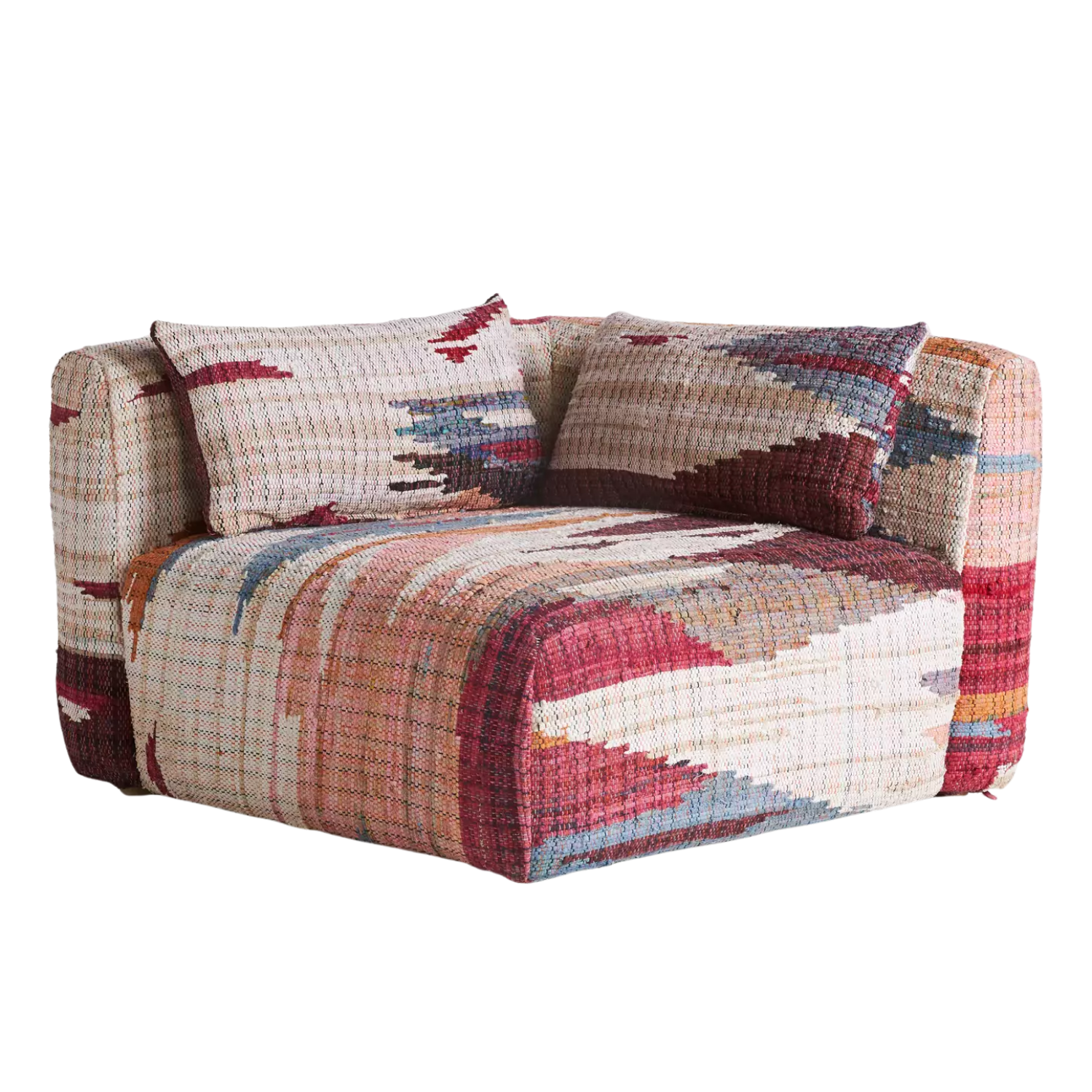 A woven textured corner chair with colorful patterns
