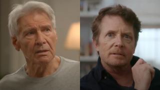 Harrison Ford looking to his right in Shrinking and Michael J. Fox looking into the camera with his left hand raised in Still.