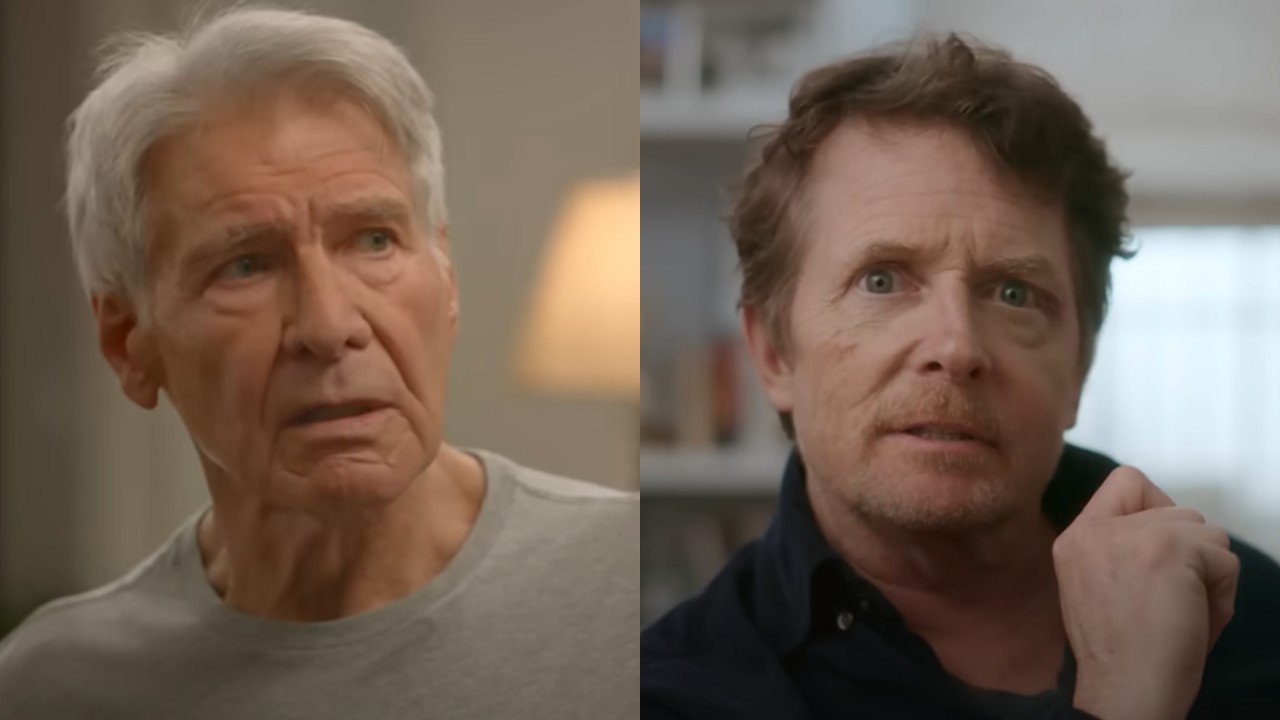 Harrison Ford looking to his right in Shrinking and Michael J. Fox looking into the camera with his left hand raised in Still. 