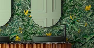 bathroom with sage green and tropical print wallpaper trend