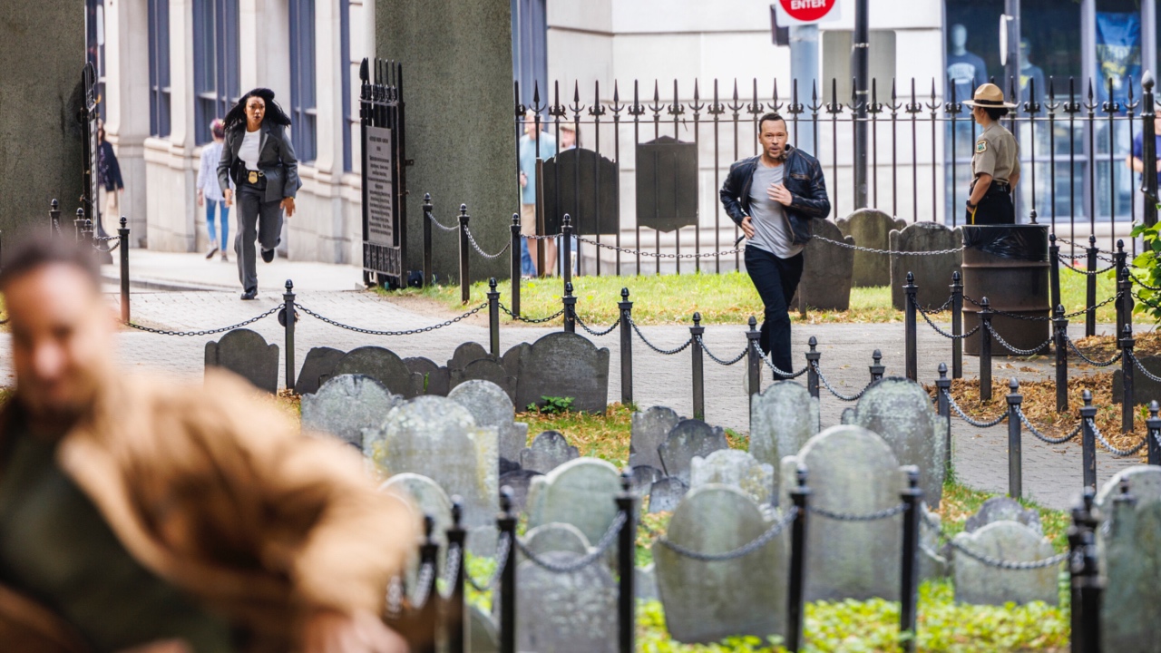 Lena and Danny chasing in cemetery in Boston Blue 101