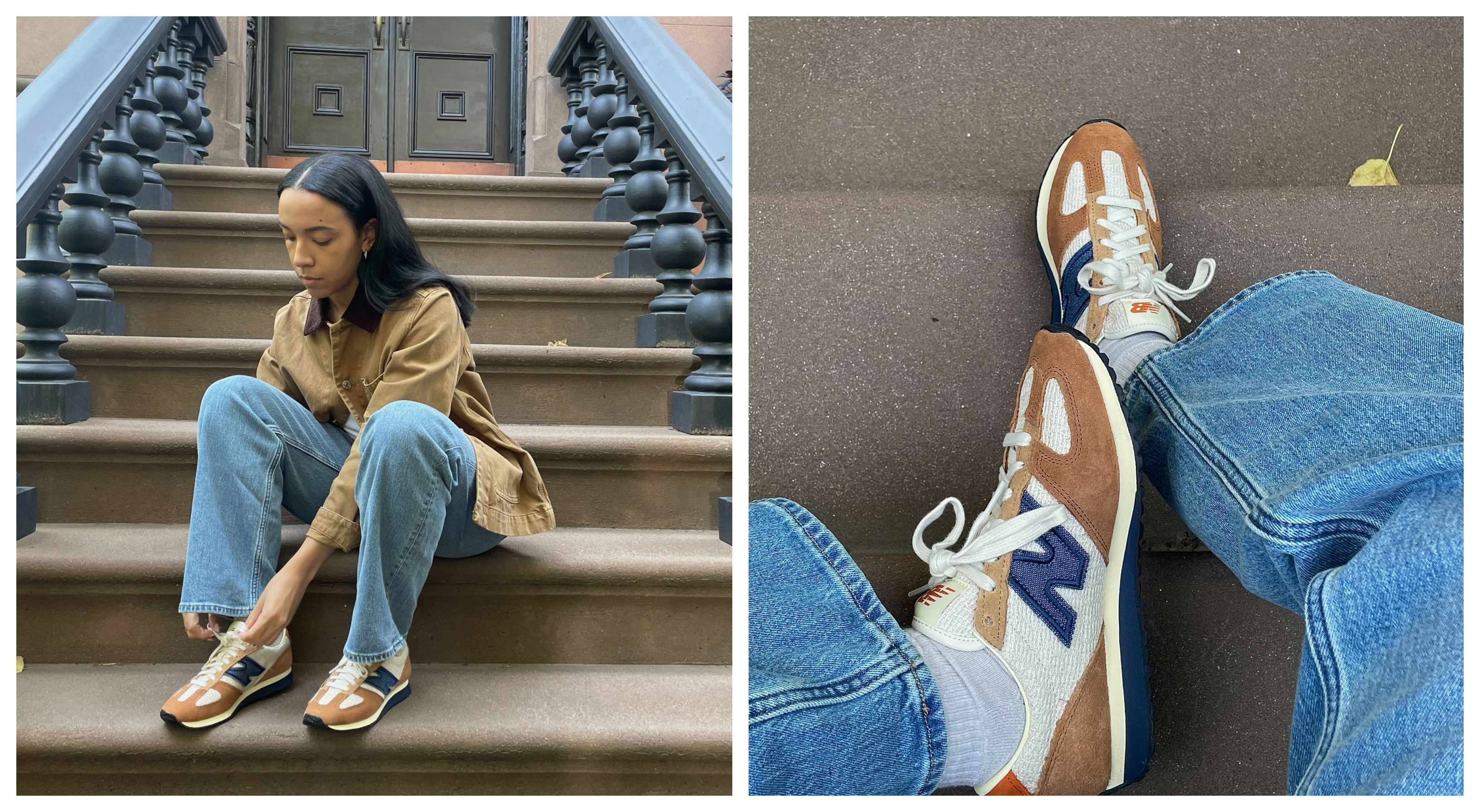 editor Lauren Tappan laces up a pair of the S&amp;eacute;zane x New Balance sneakers