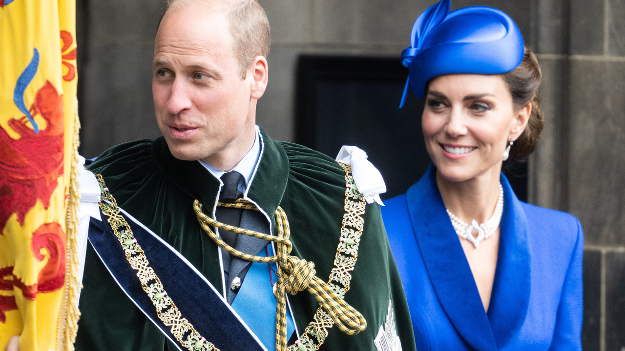 Catherine, Princess of Wales, known as the Duchess of Rothesay while in Scotland and Prince William, Prince of Wales, know as the Duke of Rothesay while in Scotland depart a national service of thanksgiving and dedication to the coronation of King Charles III and Queen Camilla at St Giles&#039; Cathedral on July 05, 2023 in Edinburgh, Scotland. During the service of thanksgiving and dedication for the Coronation of King Charles III and Queen Camilla, the Honours of Scotland (the Scottish crown jewels) are presented to the new King. The service is based on a similar service held at St Giles&#039; 70 years ago to mark the coronation of Queen Elizabeth II but unlike the 1953 service, the Stone of Destiny, on which ancient Scottish kings were crowned, will be present in the cathedral.