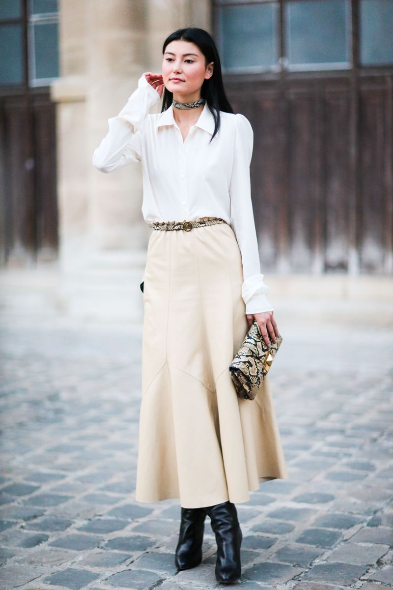 A Button-Down Shirt, Flared Skirt, and Boots