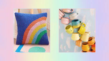 Two pictures of a rainbow pillow and a row of rugs on a rainbow background