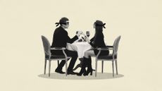 Photo collage of a couple sitting at a table, raising wine glasses. They are wearing cartoonish robber masks.