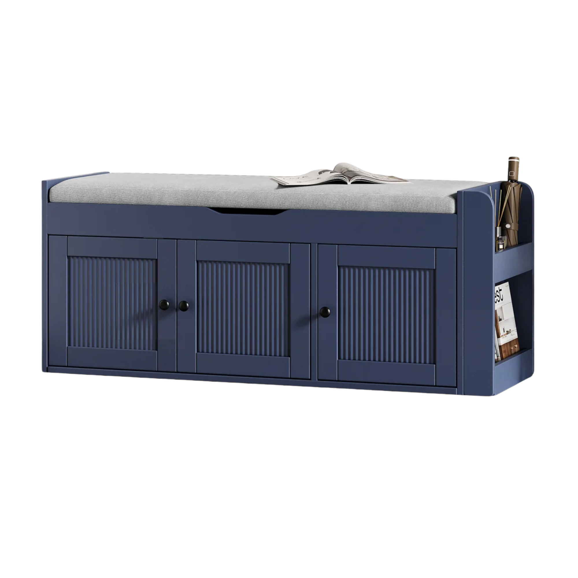 a blue entryway storage bench