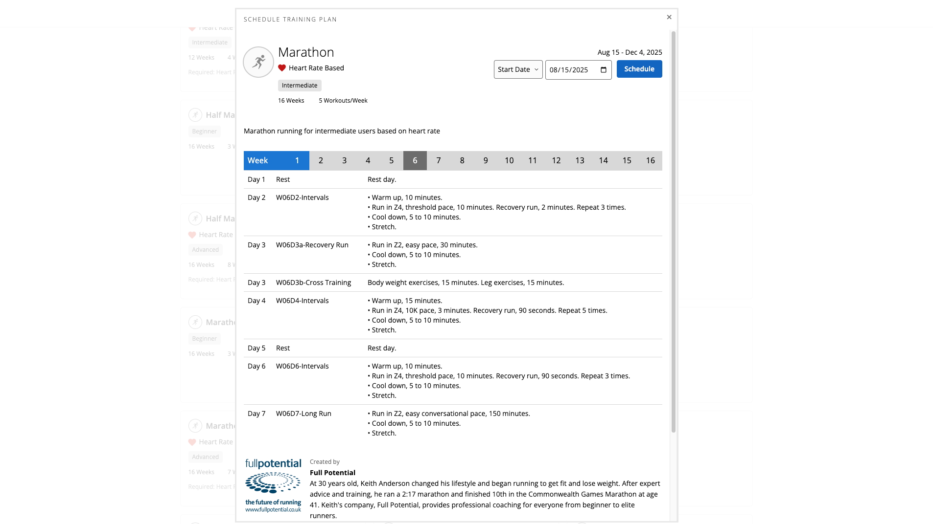 The Garmin Connect intermediate marathon training plan, highlighting a specific week of training runs: Intervals, recovery, cross-training, intervals, and long run.
