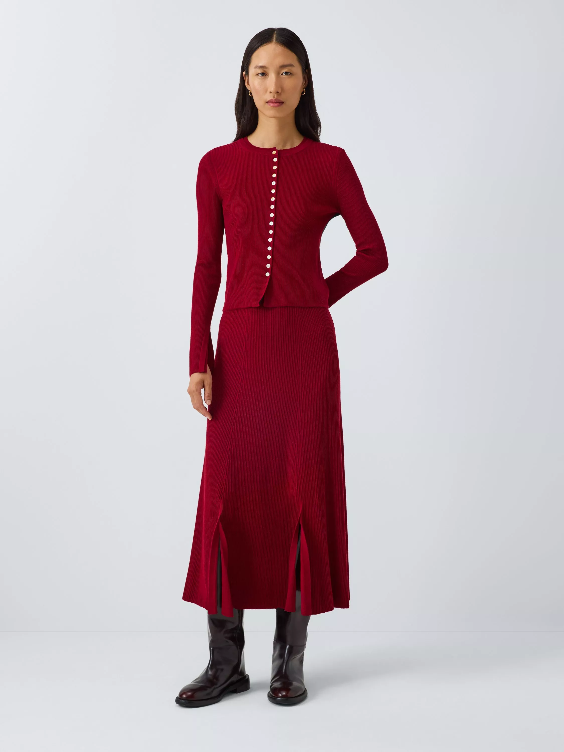John Lewis X Rejina Pyo Merino Wool Blend Rib Knit Button Detail Cardigan, Berry