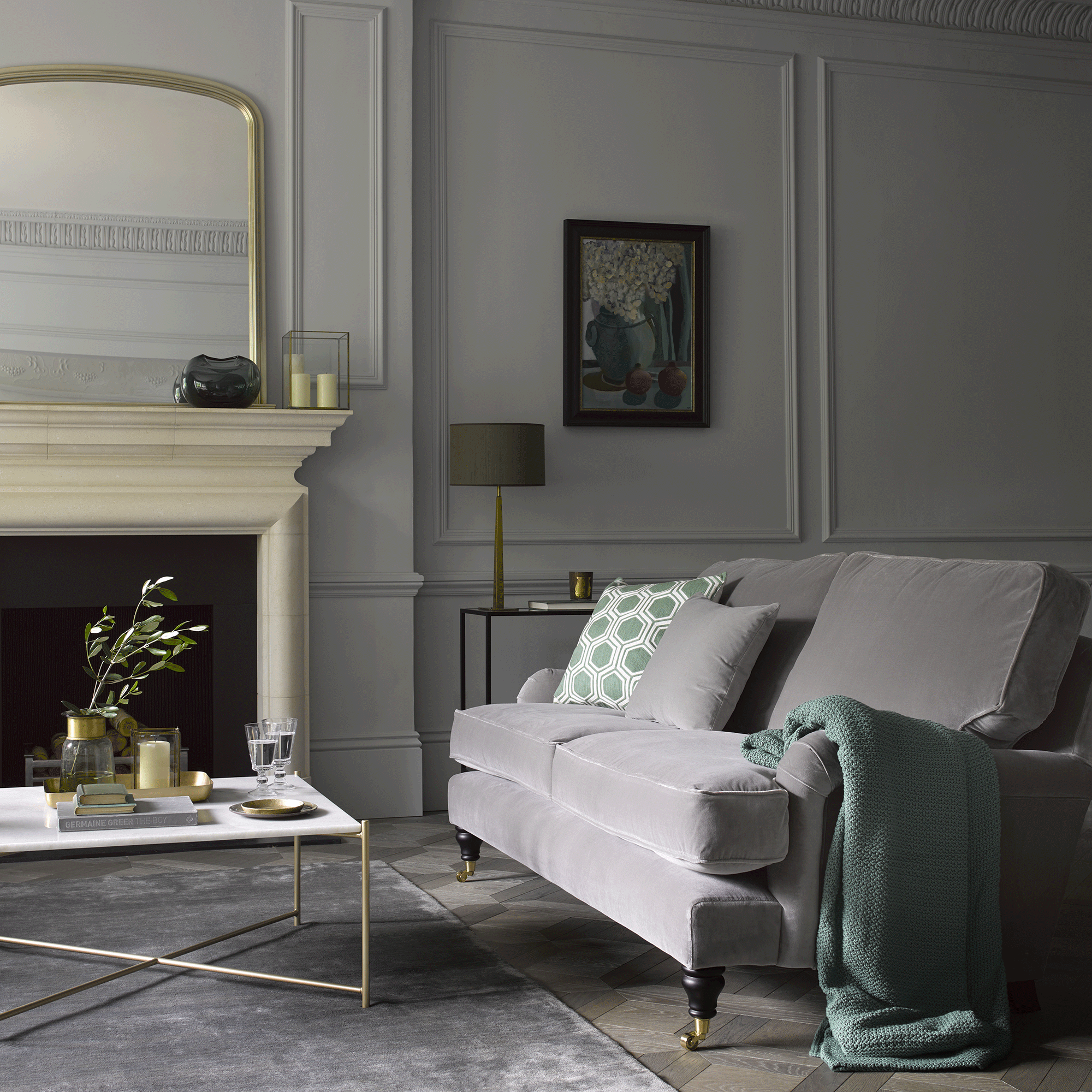 Grey sofa in grey living room