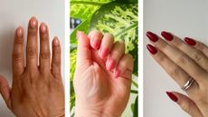 A collage of the woman&home beauty team's June nails: on the left, is a close-up of Digital Beauty Ecom Editor, Aleesha Badkar's sheer peach manicure, in the middle is a close-up of contributing Beauty Writer, Becky Spicer's pink-lemonade nails and on the right, a close-up of Digital Beauty Writer, Sennen Prickett's long, dark red nails