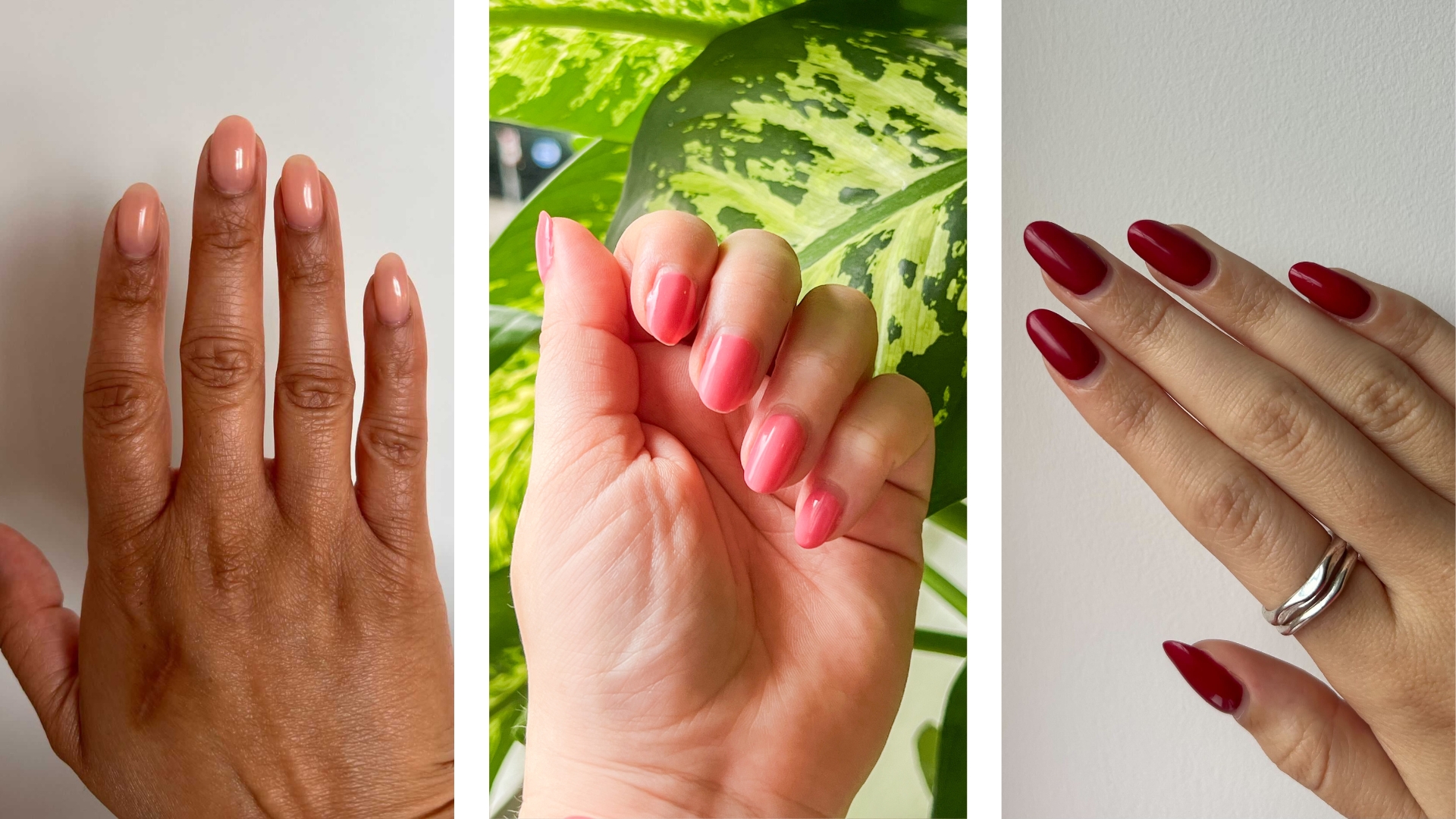 A collage of the woman&amp;home beauty team&#039;s June nails: on the left, is a close-up of Digital Beauty Ecom Editor, Aleesha Badkar&#039;s sheer peach manicure, in the middle is a close-up of contributing Beauty Writer, Becky Spicer&#039;s pink-lemonade nails and on the right, a close-up of Digital Beauty Writer, Sennen Prickett&#039;s long, dark red nails