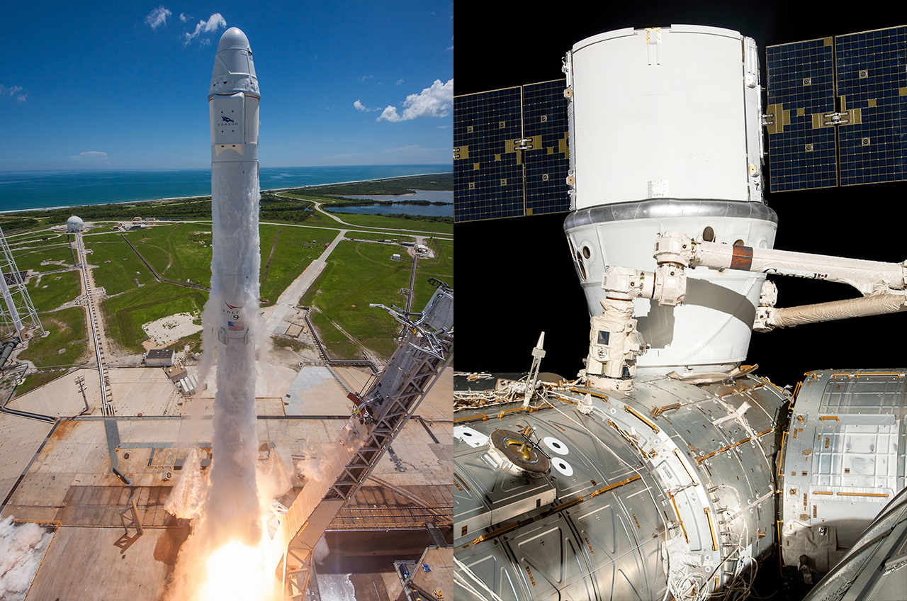 SpaceX's C113 Dragon spacecraft is seen launching the CRS-12 cargo mission in 2017 and being berthed to the International Space Station on the CRS-17 cargo mission in 2019.