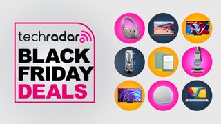 Assorted tech products on grey background with TechRadar Black Friday deals text overlay