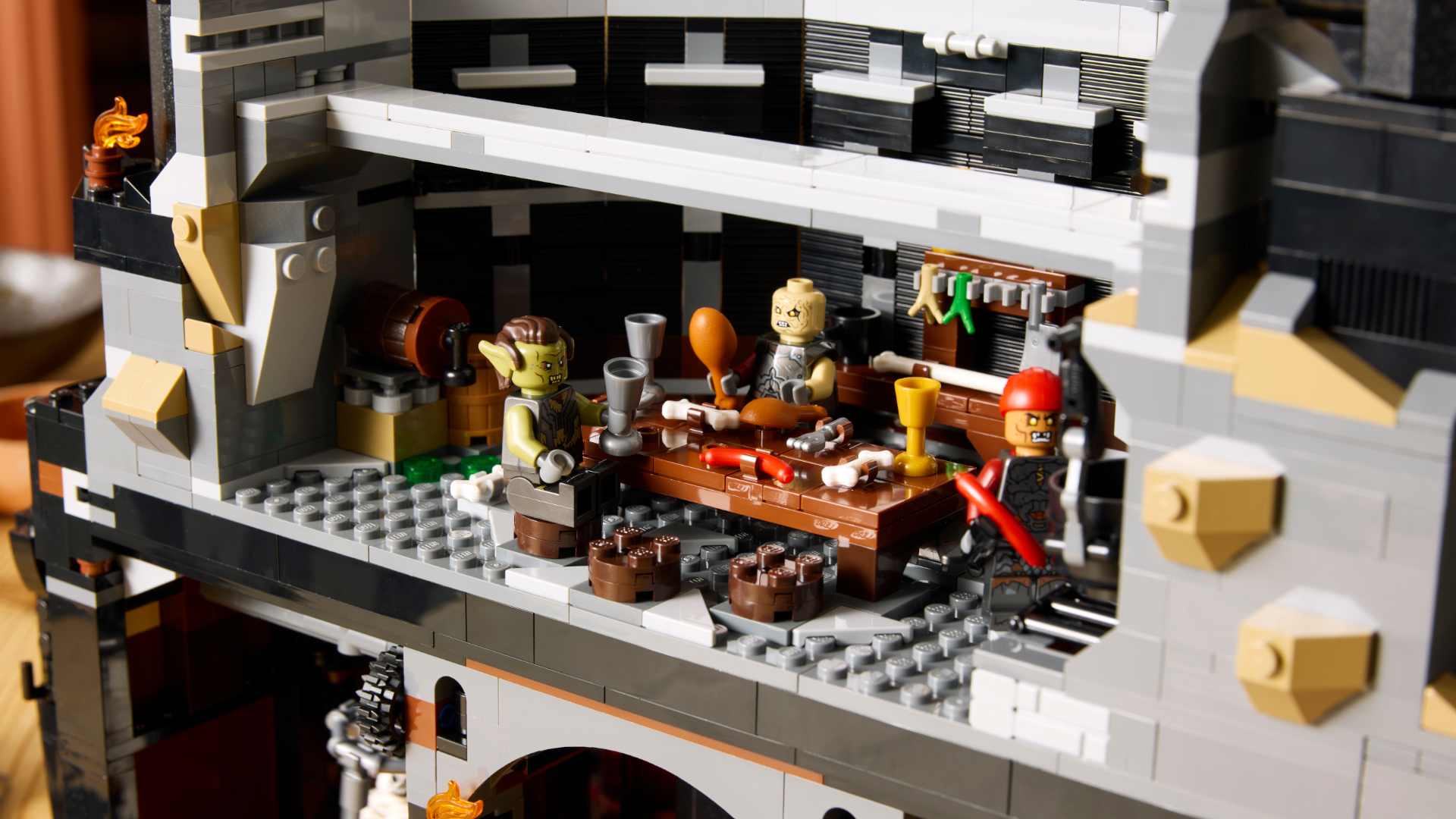 Lego Barad-dur mess hall, with orcs sat around a table