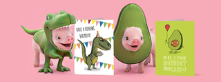 A pair of Moonpig cards between pigs dressed as avocados.