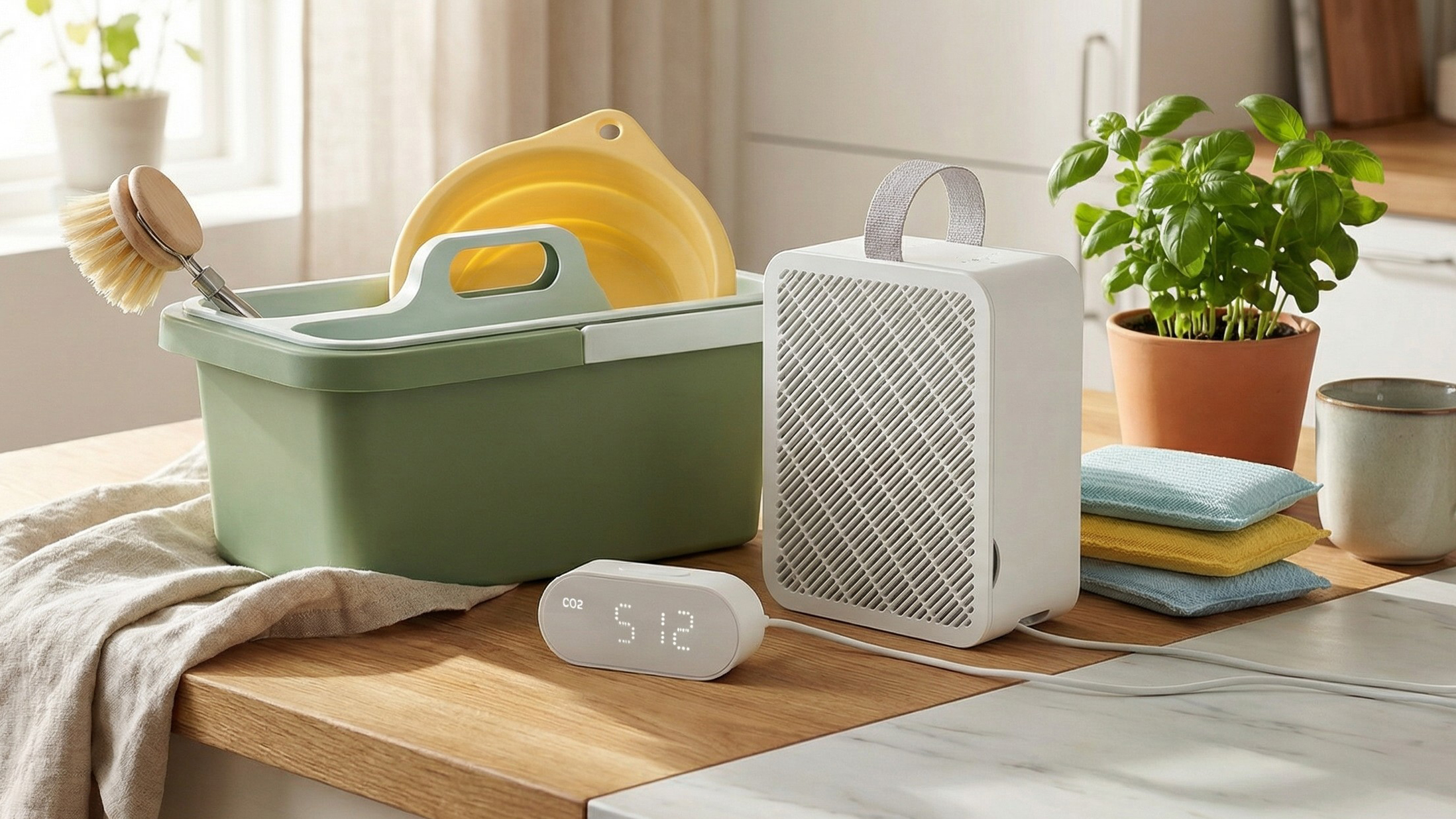 Selection of IKEA cleaning accessories on a kitchen tabletop, alongside an air purifier and air quality sensor