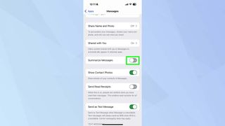 Summarize messages toggled off on iPhone