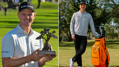 Justin Rose holds a trophy and possess by a golf bag