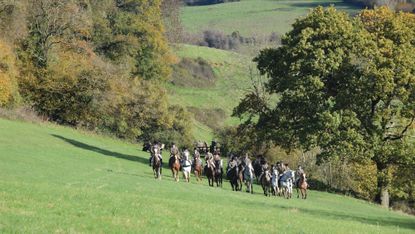 Horses, riders and hounds trail-hunting in the countryside
