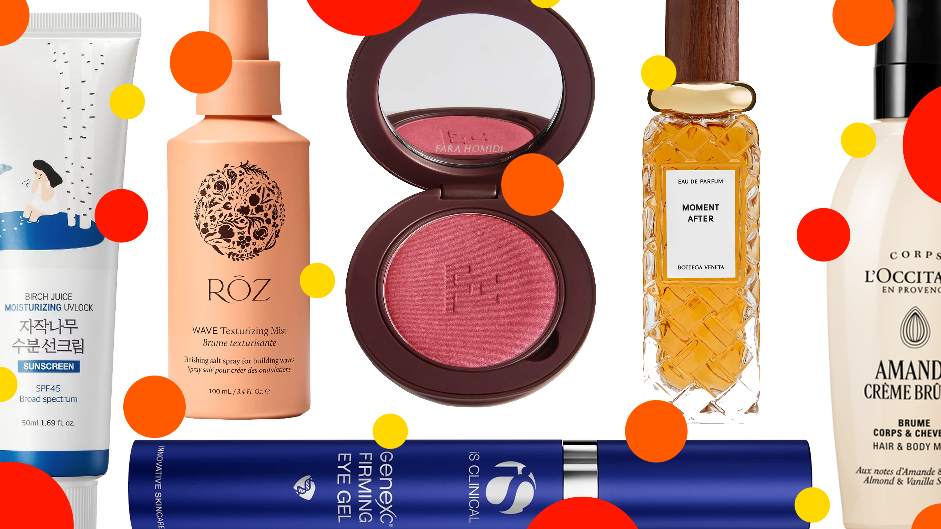 A collage of beauty products with orange and red polka dots throughout the image. 