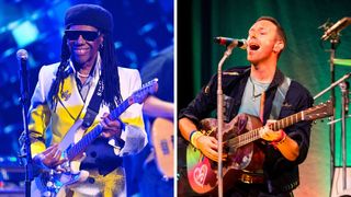 Left-Nile Rodgers performs during Dick Clark's New Year's Rockin' Eve with Ryan Seacrest 2024 in Hollywood, California; Right-Chris Martin performs at the Coldplay concert held at the Music Hall of Williamsburg, October 07, 2024 in New York, New York