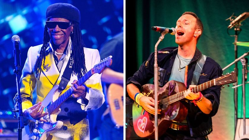 Left-Nile Rodgers performs during Dick Clark&#039;s New Year&#039;s Rockin&#039; Eve with Ryan Seacrest 2024 in Hollywood, California; Right-Chris Martin performs at the Coldplay concert held at the Music Hall of Williamsburg, October 07, 2024 in New York, New York