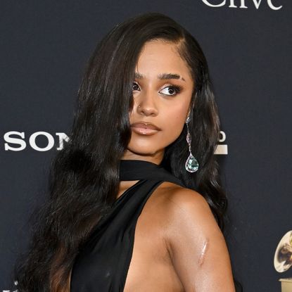 Tyla wears a black cut-out gown to attend the 68th GRAMMY Awards Pre-GRAMMY Gala on January 31, 2026 in Beverly Hills, California