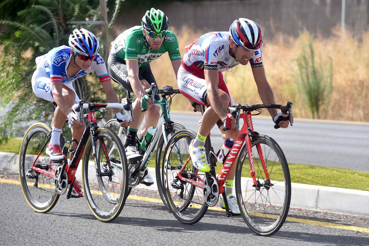 Alberto Losada (Katusha) on the attack with Kenny Ellisonde (FDJ) and Jose Gon&ccedil;alves (Caja Rural)