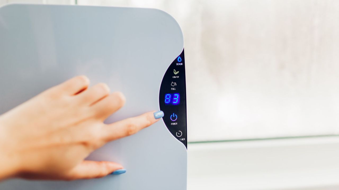 A lady tuning on a dehumidifier